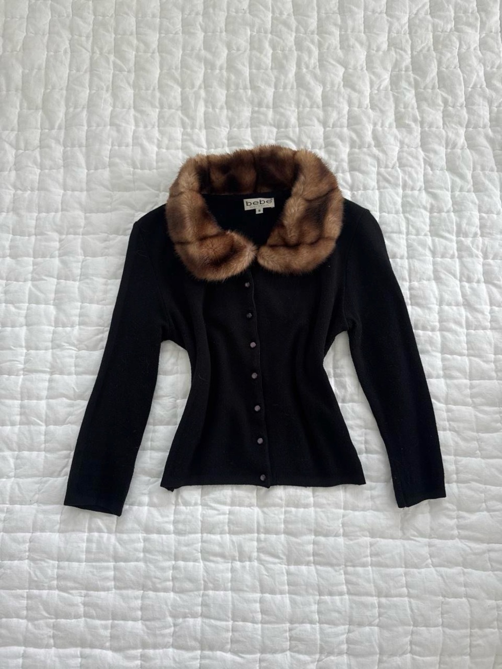 BEBE Black Knit Cardigan with Brown Fur Collar